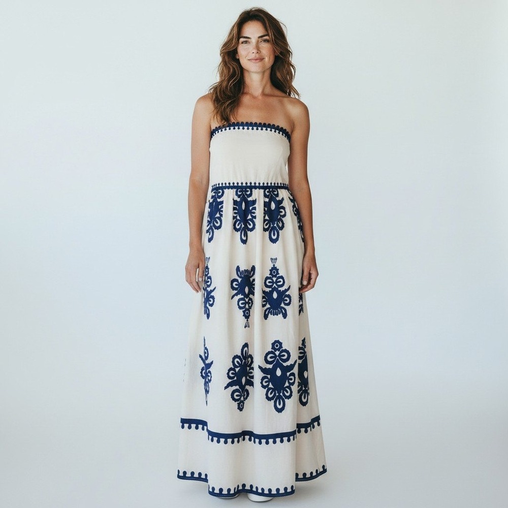 Strapless Blue and Cream Damask Print Empire Waist Maxi Dress Bohemian Size 4
